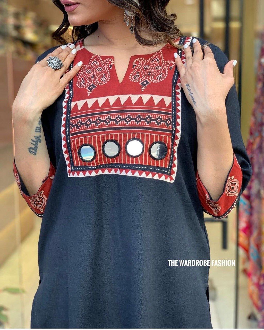 Black Rani By Fvd Rayon Mirror Work Designer Kurti With Bottom Dupatta Order In India
